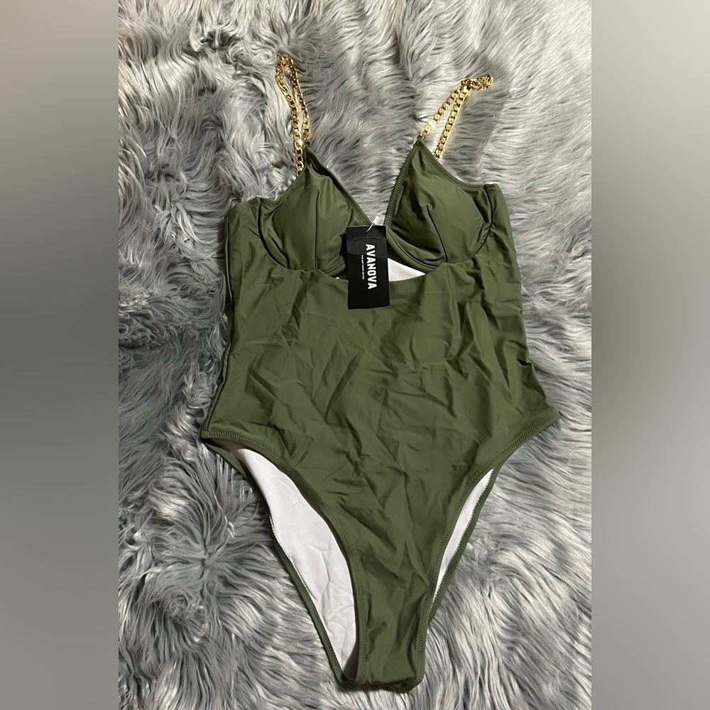 NWT Avanova olive green one piece swimsuit withhold chain straps sz M